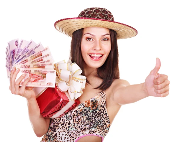 Vrouw met geld Russische roebel en gift box. — Stockfoto