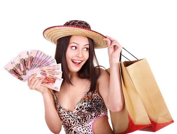 Kobieta z pieniędzy i torba na zakupy. — Zdjęcie stockowe
