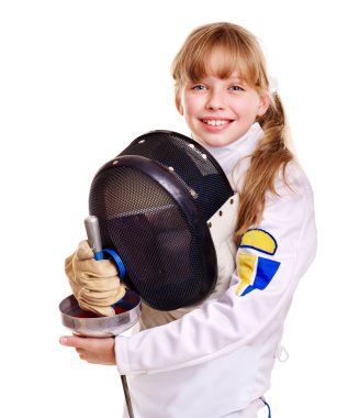 Child in fencing costume holding epee . clipart