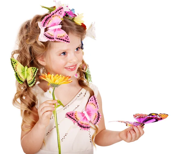 Criança no penteado primavera e borboleta . — Fotografia de Stock