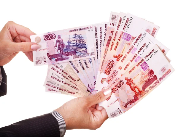 Weibliche Hand mit Geld (russischer Rubel)). — Stockfoto