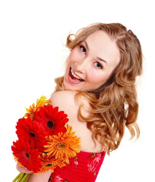 Glückliche junge Frau mit Blumen. — Stockfoto