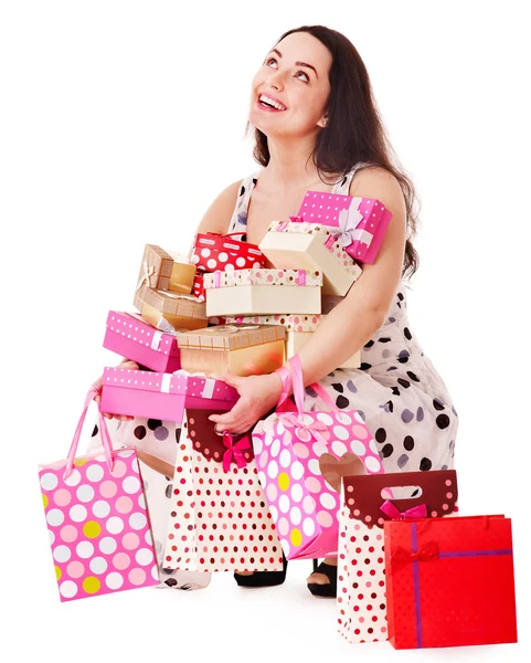 Woman holding gift box at birthday party. — Stock Photo, Image