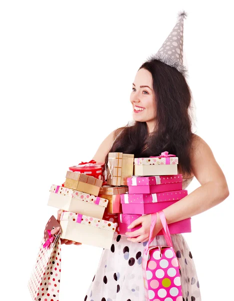 Woman holding gift box at birthday party. Royalty Free Stock Images