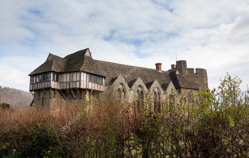 Stokesay Castle in Shropshire surrounded by hedge
