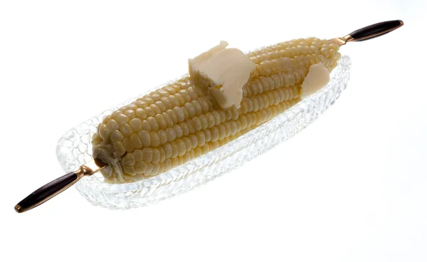 Gotowana kukurydza cukrowa w szklanym naczyniu — Zdjęcie stockowe