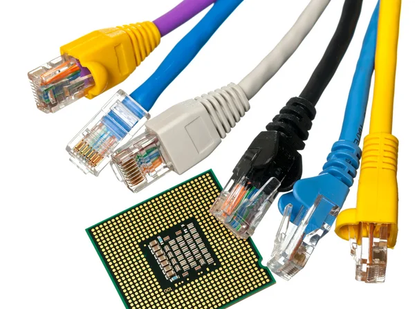 Cat 5 cables in multiple colors with CPU — Stock Photo, Image