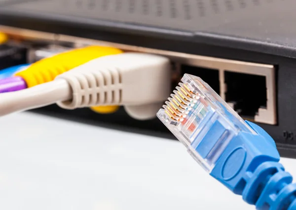 Cat 5 kabel dalam berbagai warna dalam router — Stok Foto