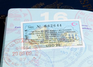 Visa stamps in US passport clipart