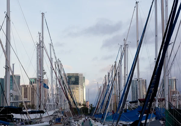Downtown honolulu på dawn ala wai harbor — Stockfoto