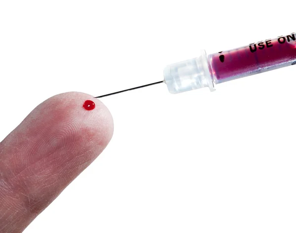 Injection into finger of senior male — Stock Photo, Image