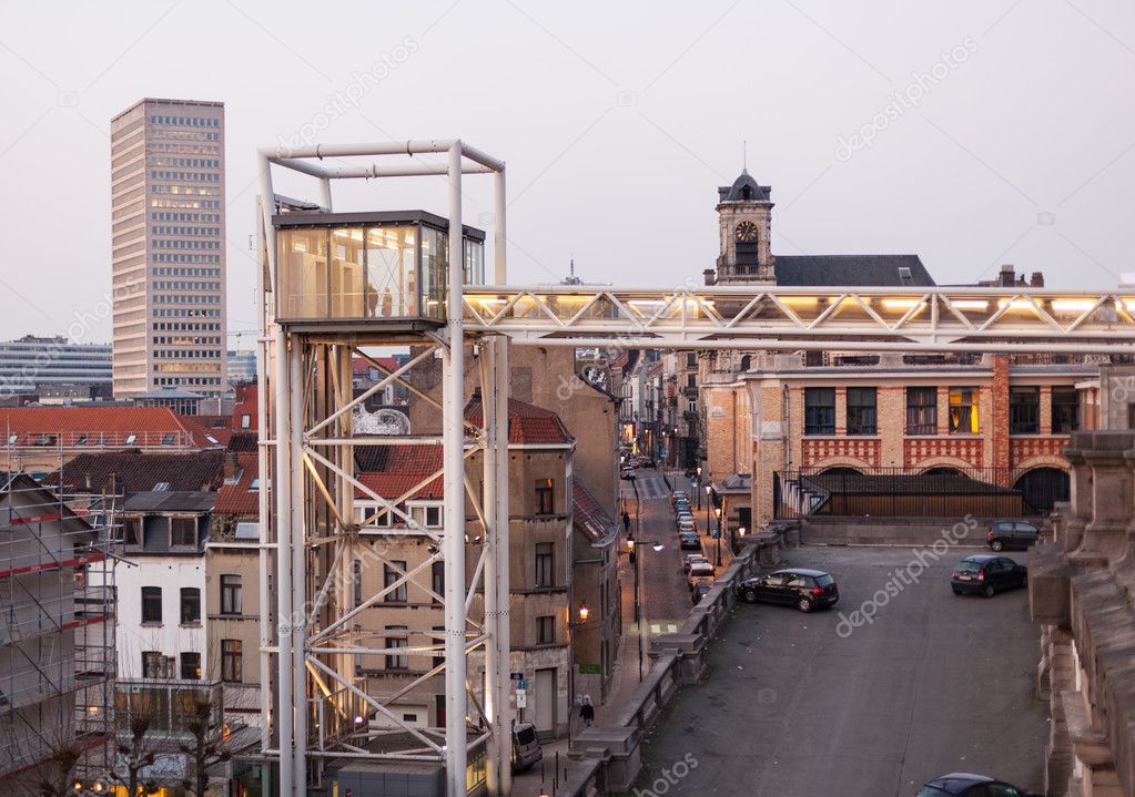 Marollen Lift in Brussels at dusk