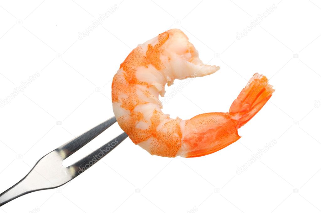 Peeled shrimp on a fork