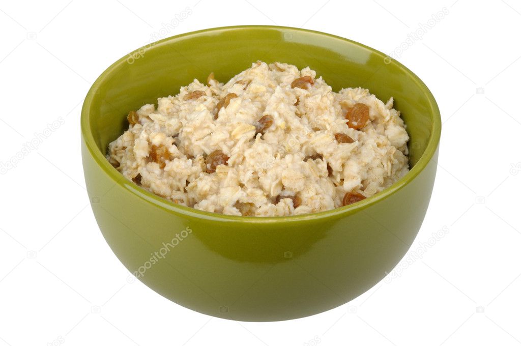 Bowl of oatmeal cereal with raisins