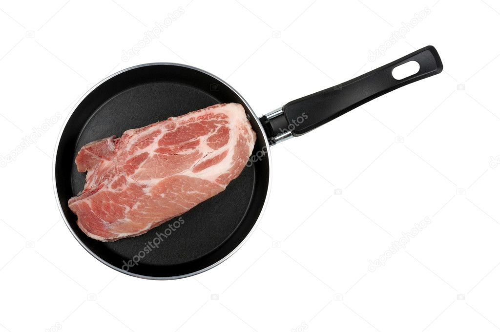 Piece of raw meat in a frying pan