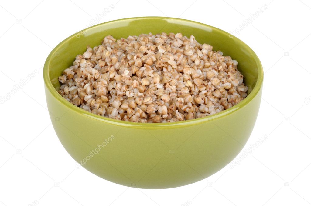 Boiled buckwheat in a green bowl