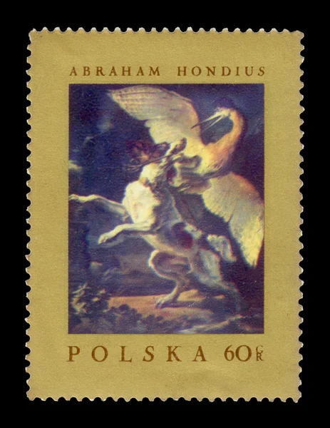 Dog Fighting Heron, by Abraham Hondius postal stamp. — Stock Photo, Image