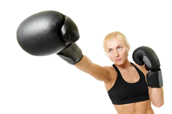 Boxer woman with black boxing gloves — Stock Photo, Image