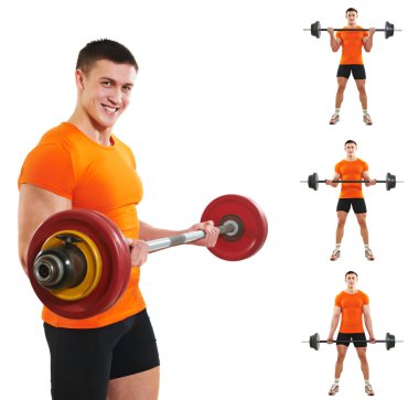 Bodybuilder man doing biceps muscle exercises clipart