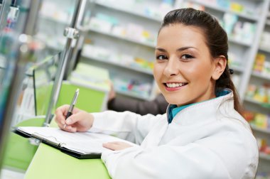 Pharmacy chemist woman in drugstore clipart