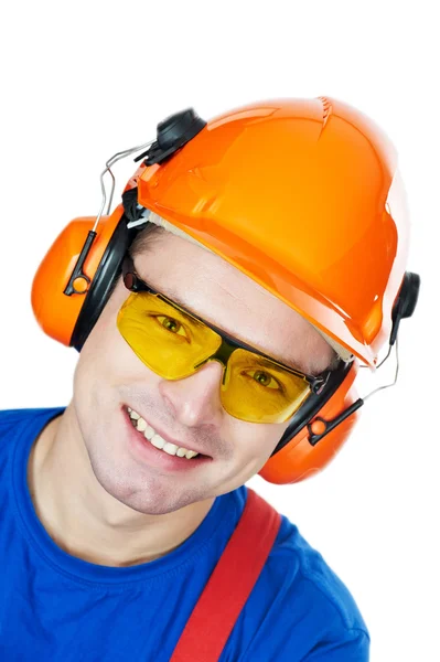 Constructor en casco, orejeras y gafas — Foto de Stock