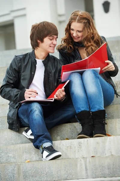 Zwei lächelnde junge Studenten, die im Freien lernen — Stockfoto