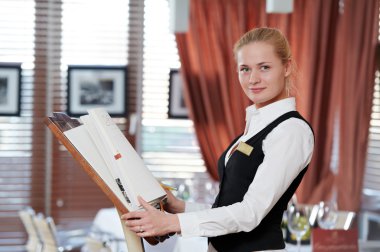 Restaurant manager woman at work place clipart