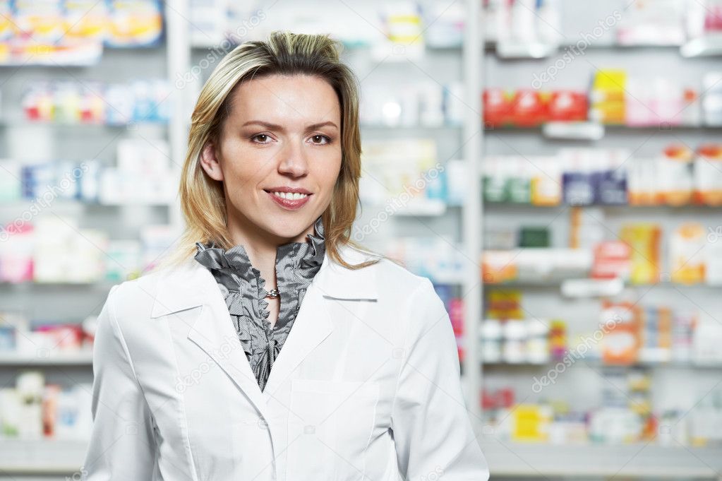 Pharmacy chemist woman in drugstore