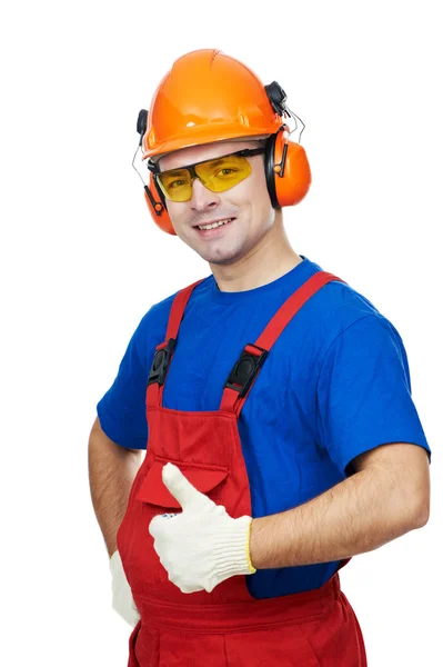 Construtor em hardhat, auriculares, óculos e máscara de gás — Fotografia de Stock