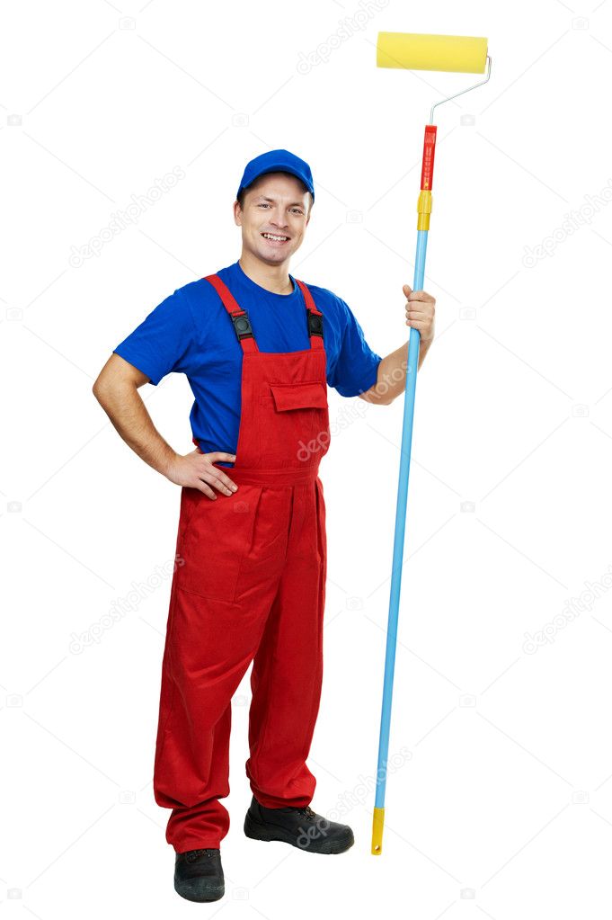Painter man in uniform with paint roller