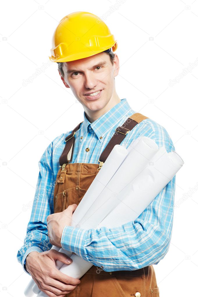 Happy worker in hardhat and overall with drafts