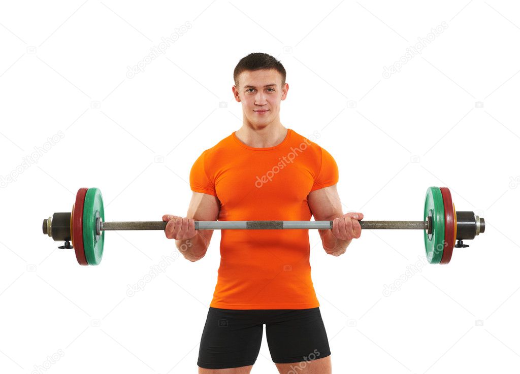 Bodybuilder man doing biceps muscle exercises