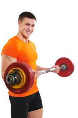 Bodybuilder man doing biceps muscle exercises clipart