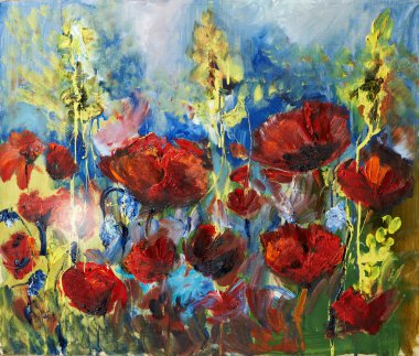 Oil painting picture of red spring poppy clipart