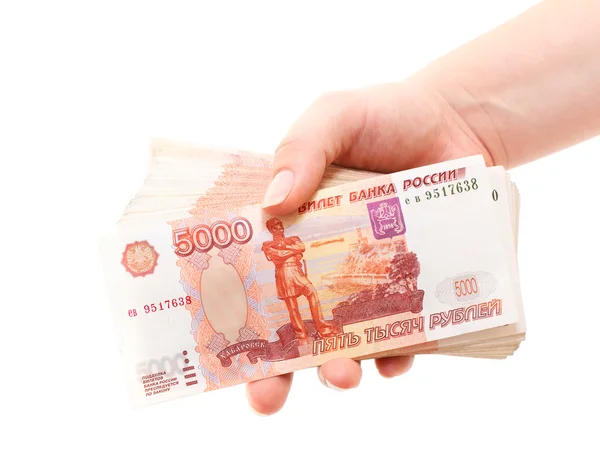 Dinheiro em notas de dinheiro russo na mão — Fotografia de Stock