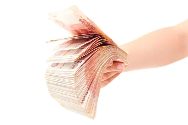 Russian cashnotes money in hand — Stock Photo, Image