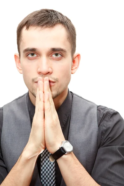 Portrait of young confident business man folds hands together — Stock Photo, Image