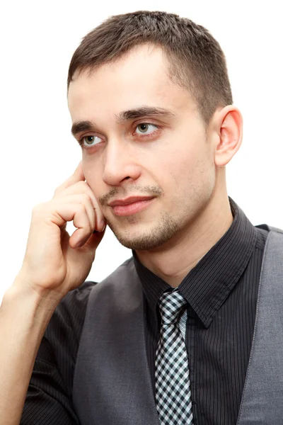 Portréja egy mosolygó üzletember, beszél a cellphone, elszigetelt, felett fehér — Stock Fotó