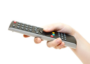 Female hand with remote control isolated on white background clipart