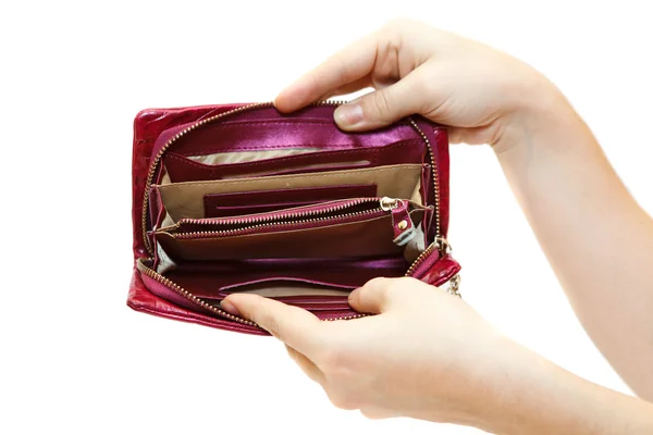 Vrouwelijke hand met lege geopende portefeuille geïsoleerd op witte achtergrond — Stockfoto