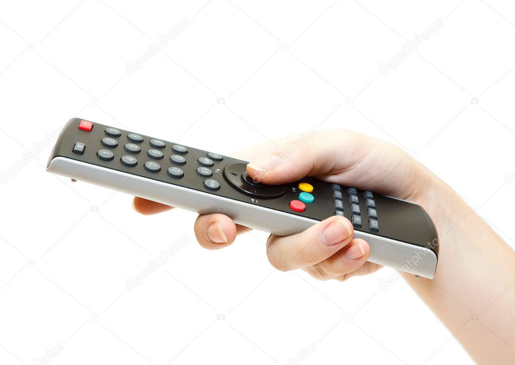 Female hand with remote control isolated on white background