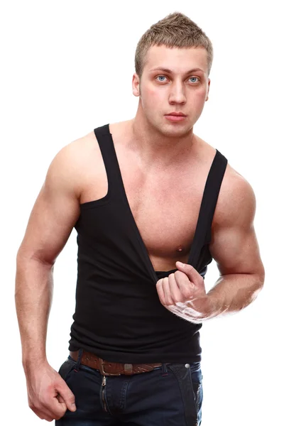 Jeden mężczyzna przystojny kaukaski mięśni w czarny t-shirt — Zdjęcie stockowe