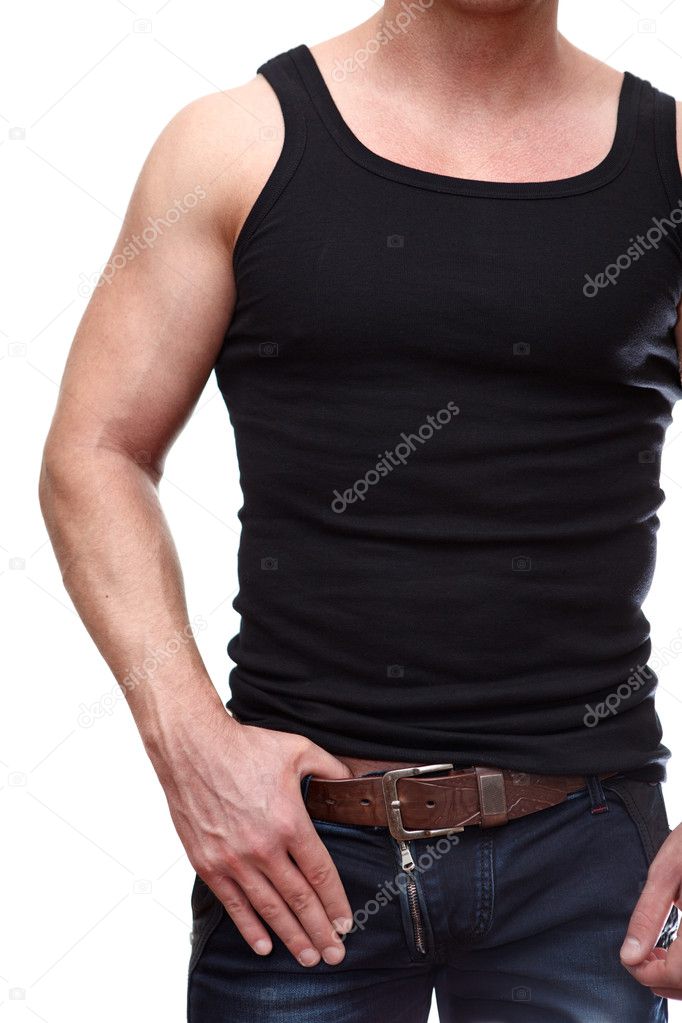 One handsome Caucasian muscular man in black t-shirt