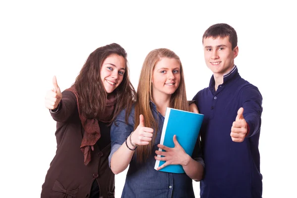 Estudantes adolescentes com polegares para cima — Fotografia de Stock