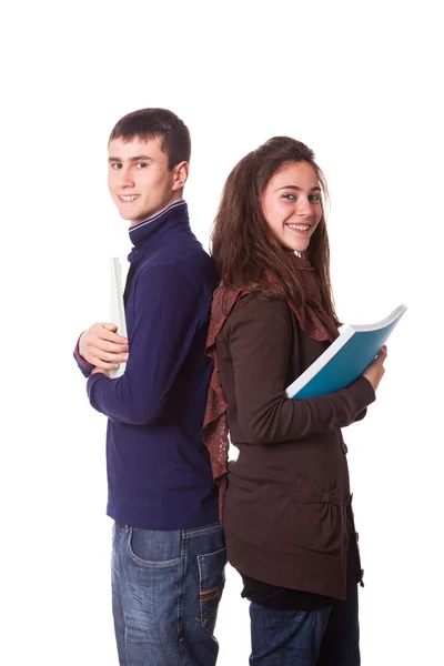 Para nastoletnich uczniów na biały — Zdjęcie stockowe