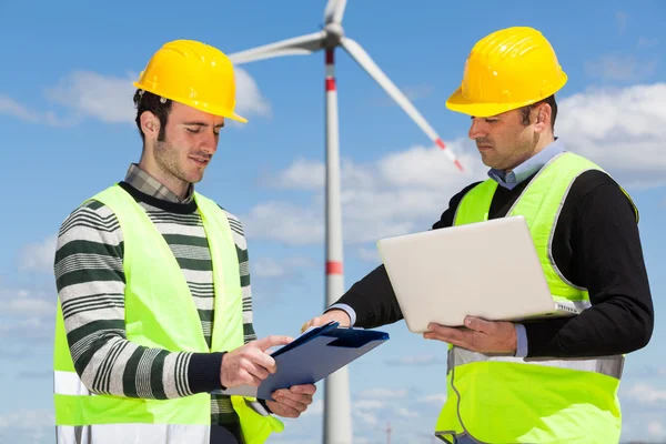 Two Engineers in a Wind Turbine Power Station — Stock Photo, Image