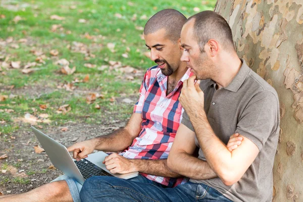 Zwei Männer arbeiten im Park mit Computer — Stockfoto