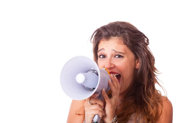 Mladá žena mluví přes megafon — Stock fotografie