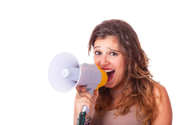 Jovem mulher falando através de megafone — Fotografia de Stock