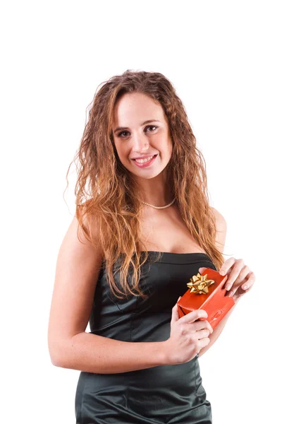 Mladá žena s červeným dárek — Stock fotografie
